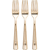 Gold shiny metallic plastic forks.  24 piece pack. 