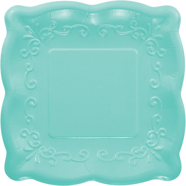 aqua square plate with embossed scalloped edges