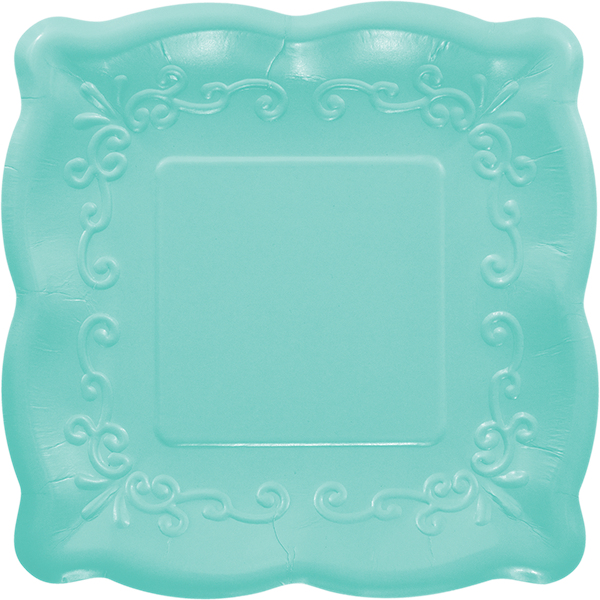 aqua square plate with embossed scalloped edges