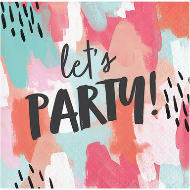 Beverage napkin with color strokes of pink, coral, teal, and white wit Let's party in black font
