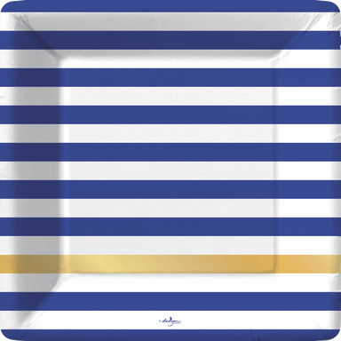 blue and white horizontal stripe square plate with one gold foil stripe at lower portion