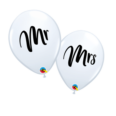 white mr & mrs bridal balloons with black script text 
