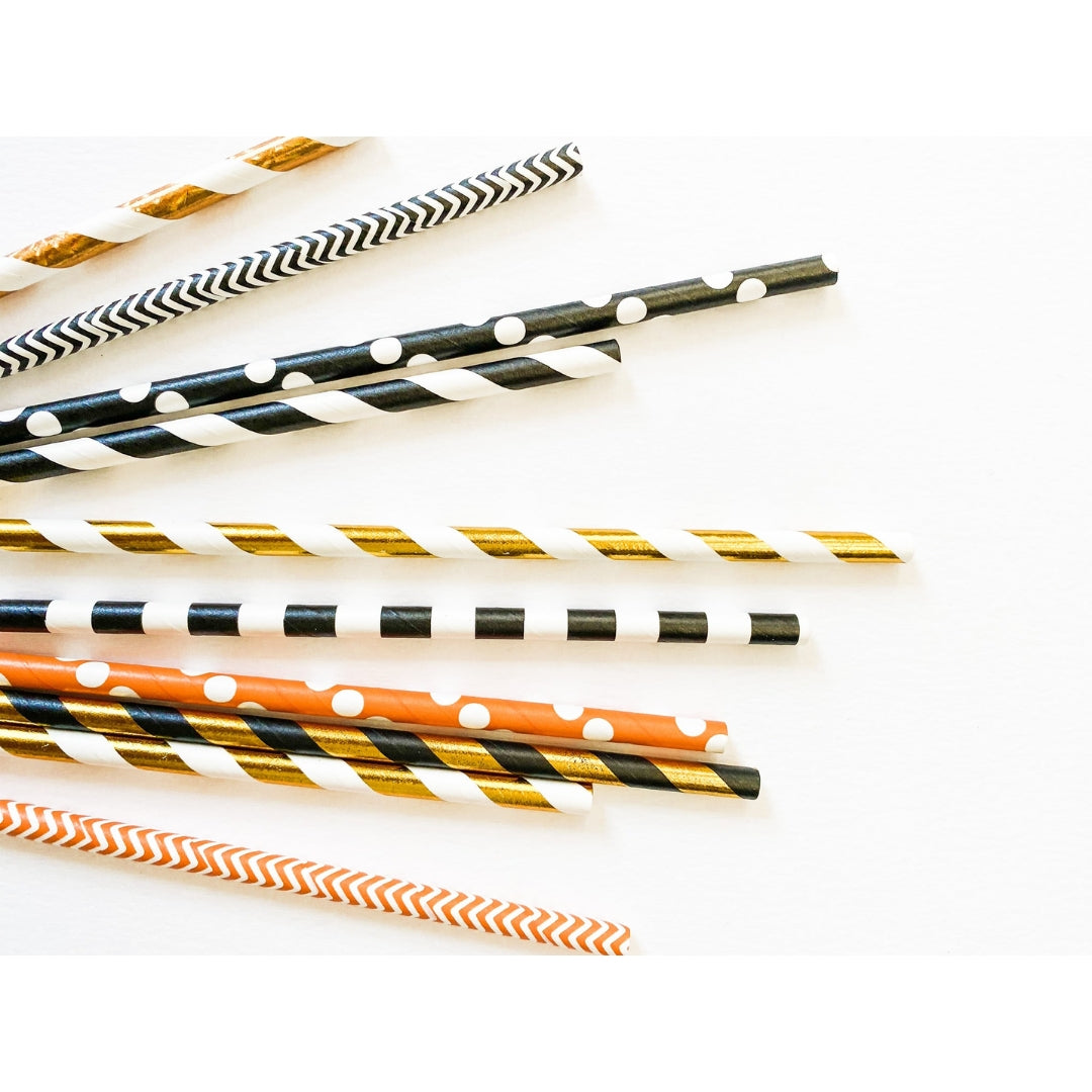 Halloween Straws 10-Pack – Mixed Dots, Stripes & Chevron Patterns in Black, Orange & Gold