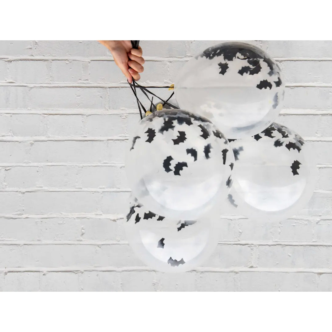 Spooky Bat Confetti Halloween Balloons 5 Pack – 12in Latex Balloons with Ribbon for Party Décor