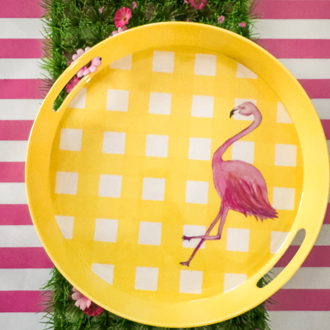 Fun Flamingo Yellow Gingham Melamine Party DrinksServing Tray