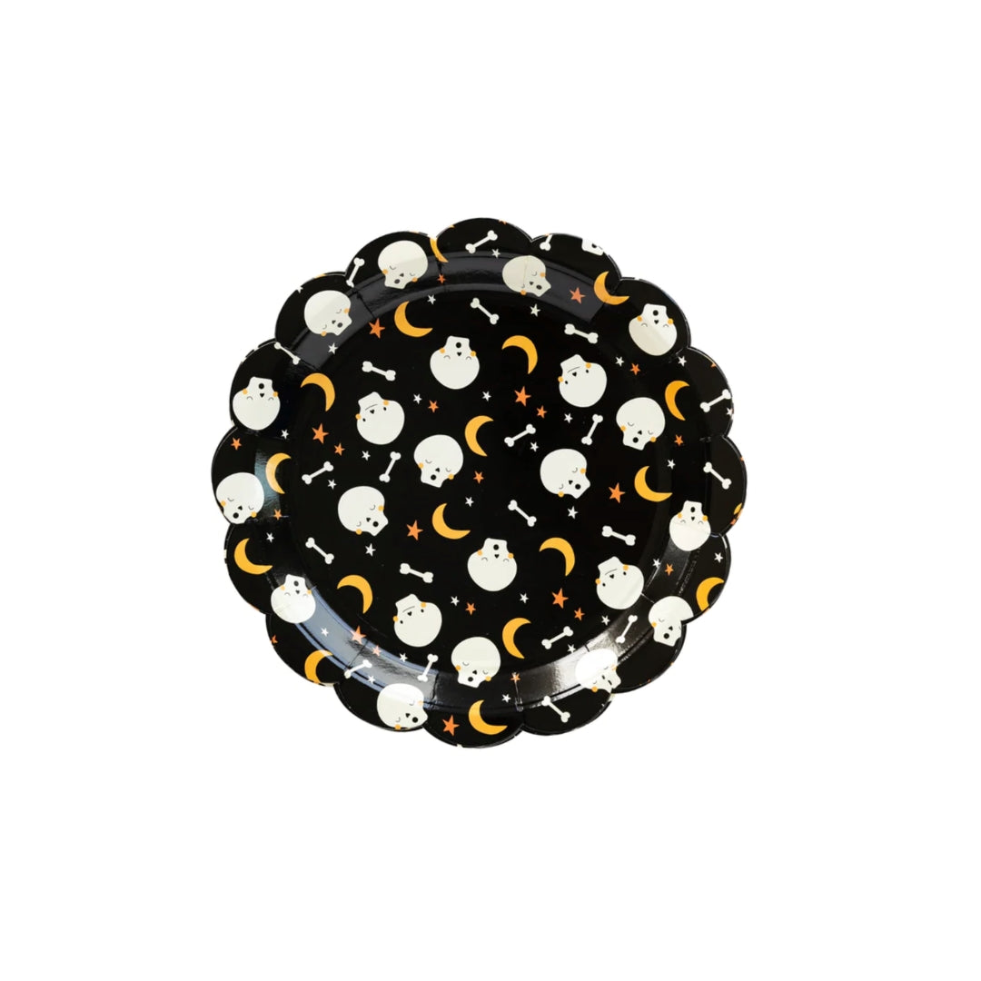 Halloween Skull & Moon Party Plates 9" – Scalloped Edge – Spooky Tableware Set of 8 for Halloween