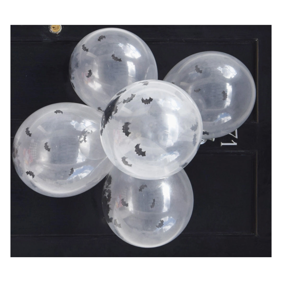 Spooky Bat Confetti Halloween Balloons 5 Pack – 12in Latex Balloons with Ribbon for Party Décor
