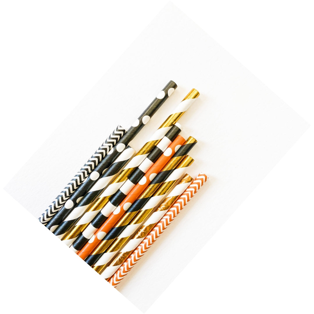 Halloween Straws 10-Pack – Mixed Dots, Stripes & Chevron Patterns in Black, Orange & Gold