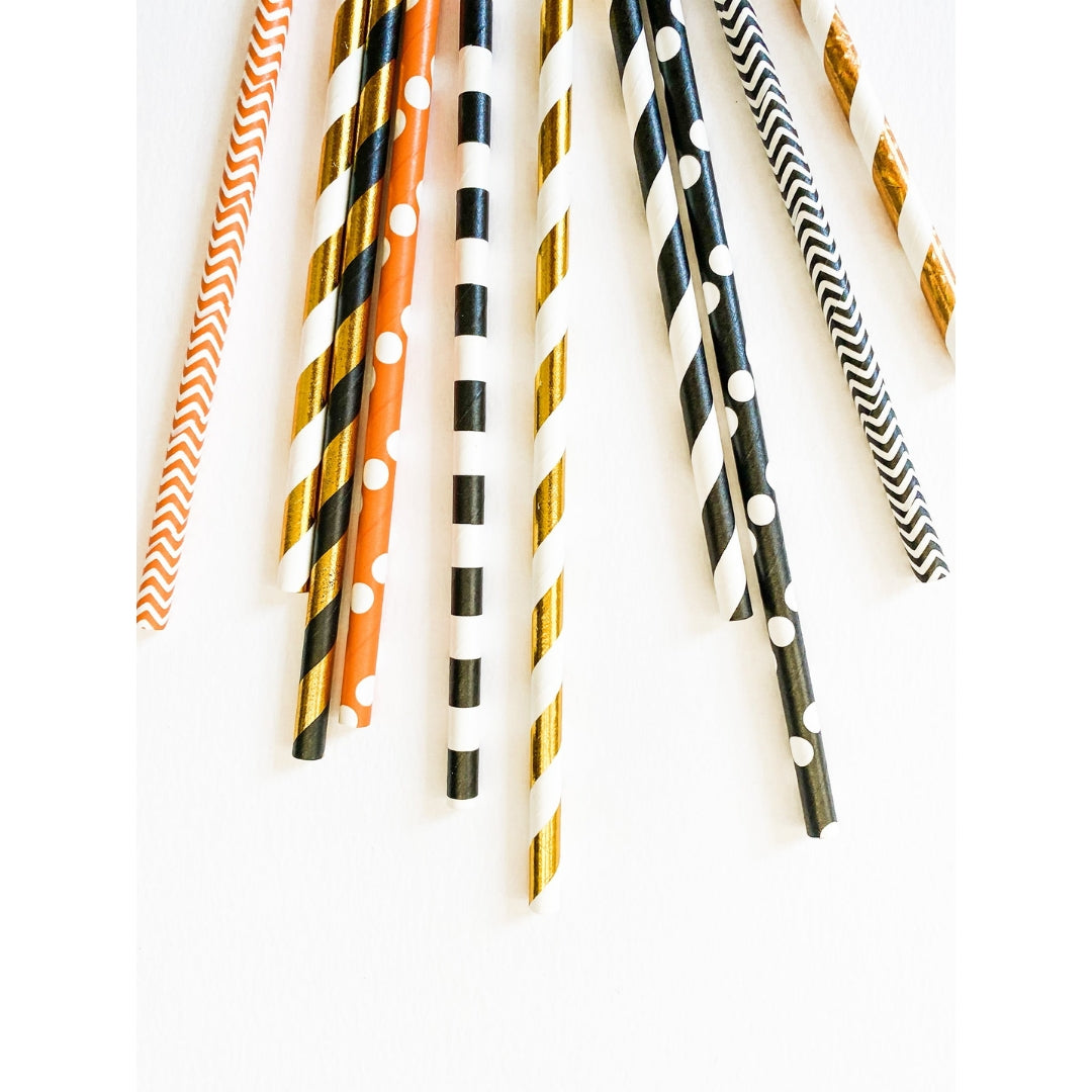 Halloween Straws 10-Pack – Mixed Dots, Stripes & Chevron Patterns in Black, Orange & Gold