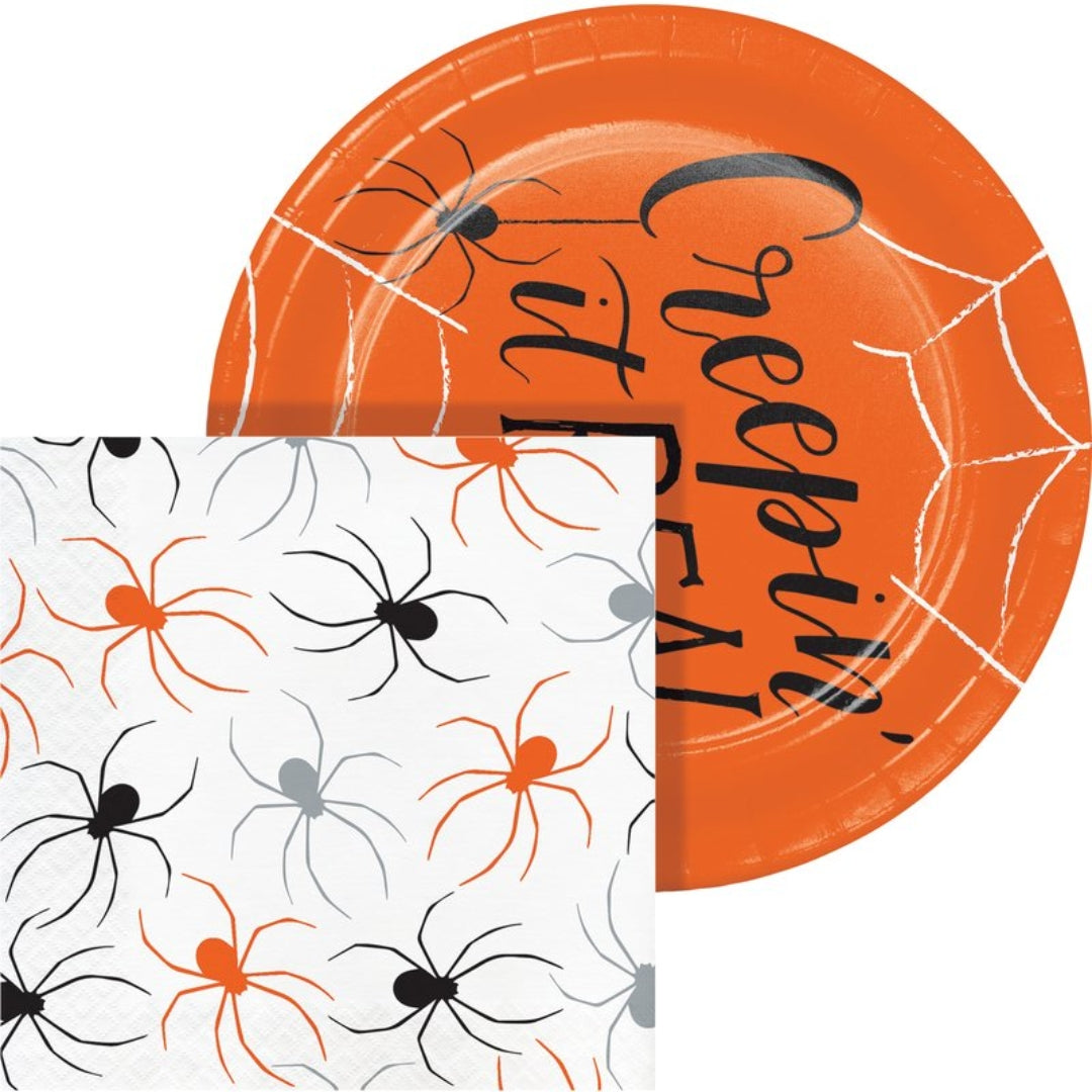 Creepin' It Real Halloween Party Bundle – 7" Plates & Spider Napkins for Spooky Fun & Easy Cleanup