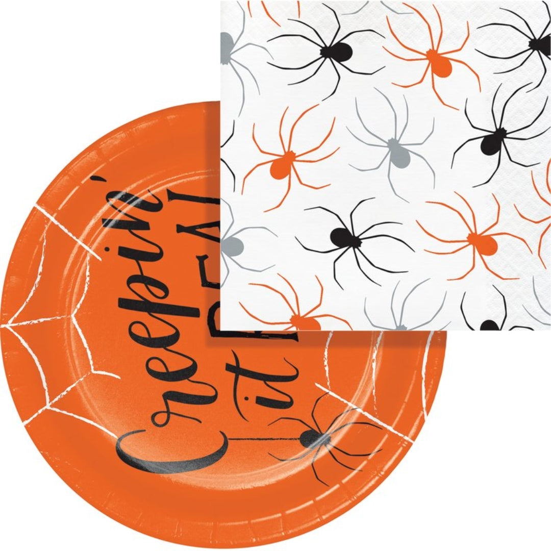 Creepin' It Real Halloween Party Bundle – 7" Plates & Spider Napkins for Spooky Fun & Easy Cleanup