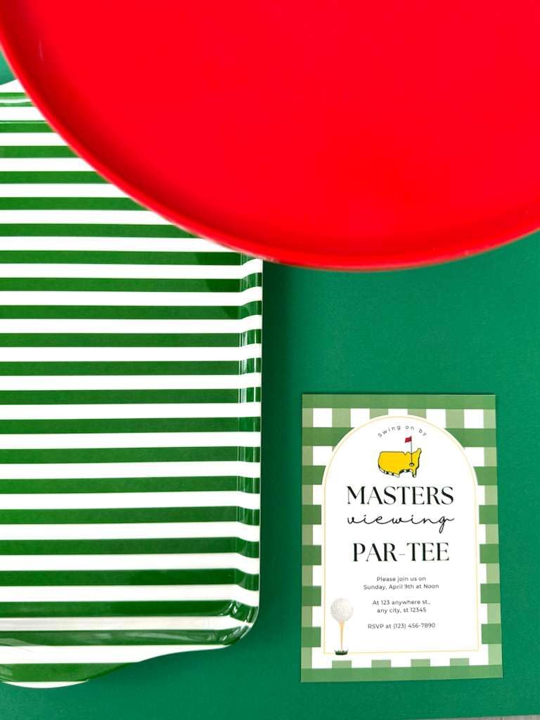 15" Large Green Stripe Melamine Serving Tray with Handles