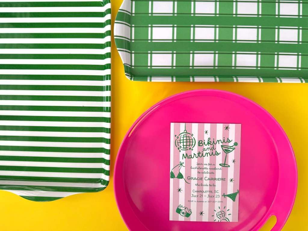 15" Large Green Stripe Melamine Serving Tray with Handles