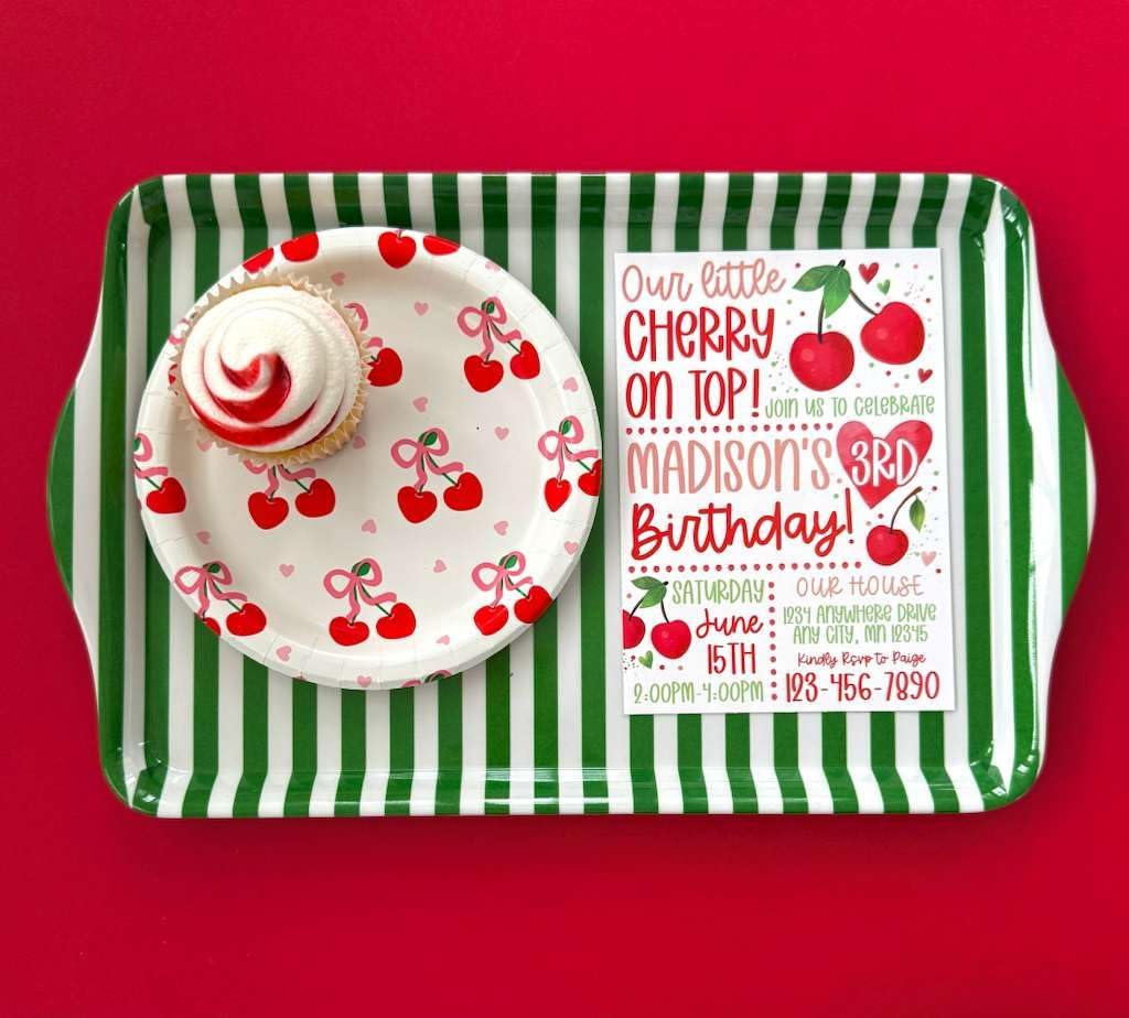 15" Large Green Stripe Melamine Serving Tray with Handles