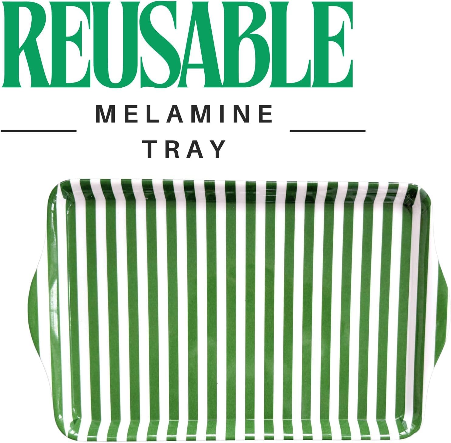 15" Large Green Stripe Melamine Serving Tray with Handles