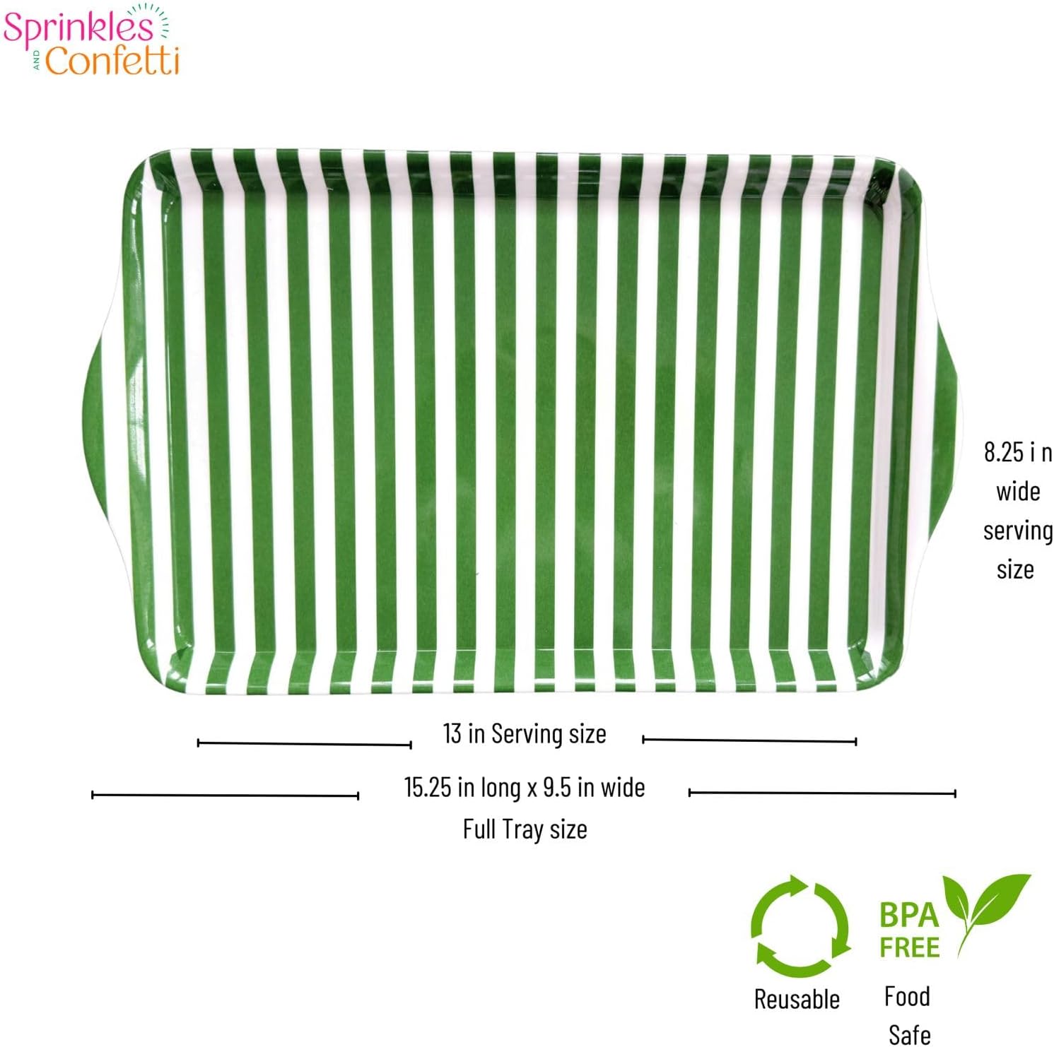 15" Large Green Stripe Melamine Serving Tray with Handles