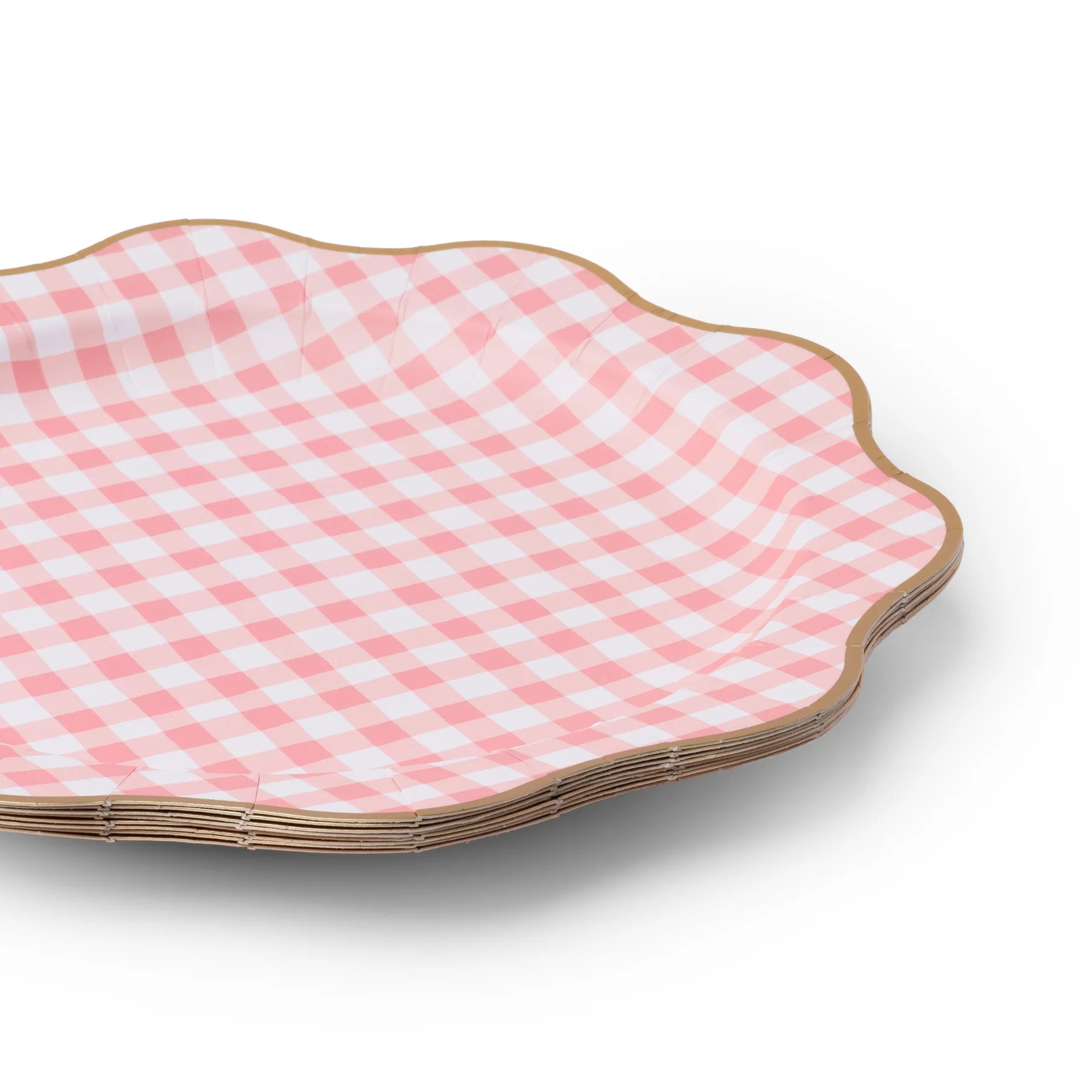 Elegant Pale Pink Gingham Party Plates – 8 Pack, Scalloped Gold Rim, 11" Dinner Size