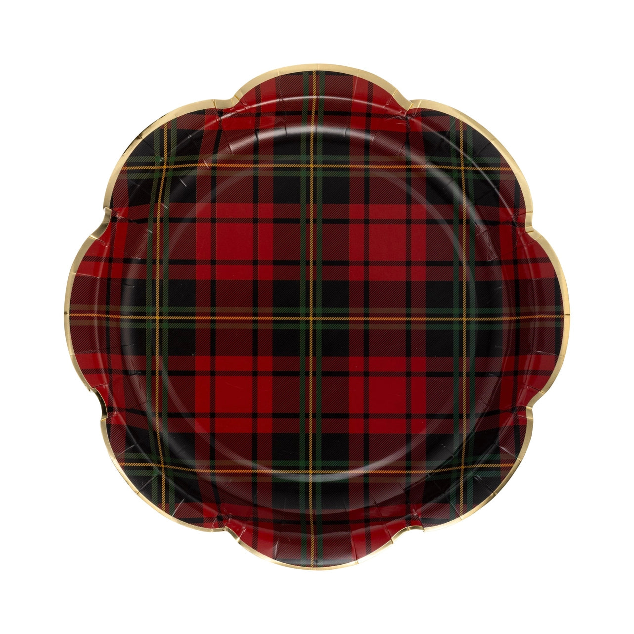 Red Plaid Christmas Party Plates – 9" Round Scalloped Holiday Dinner Plates, 8 Pack