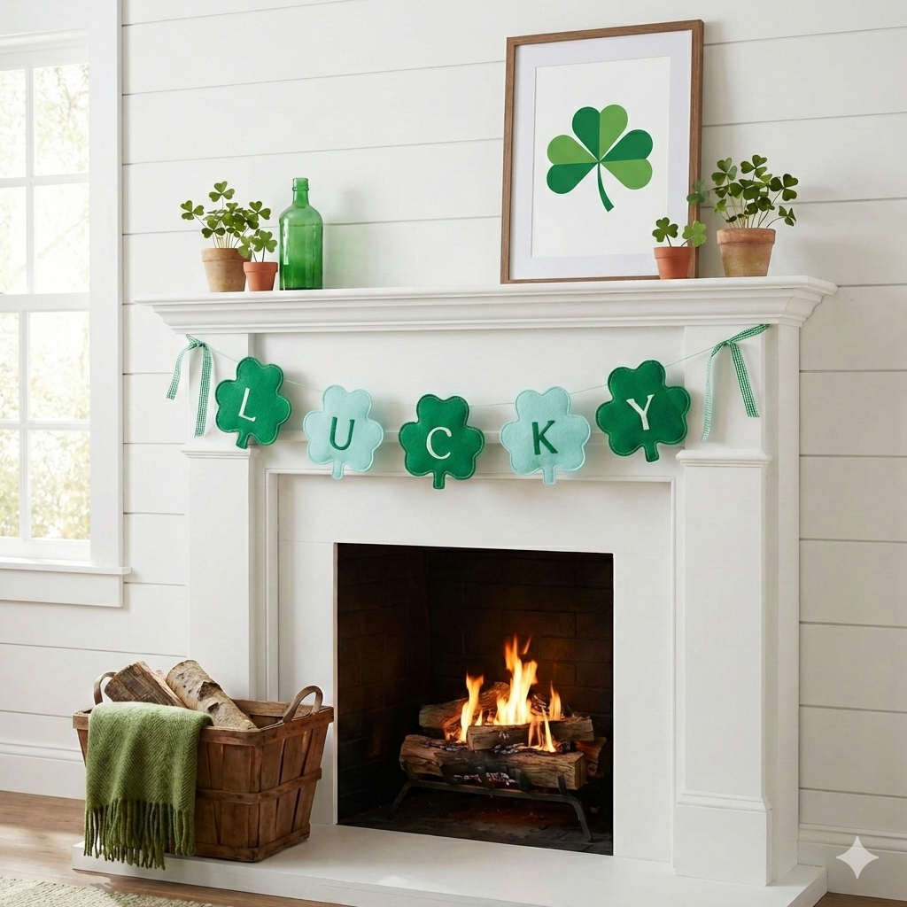 St. Patrick’s Day Felt Shamrock Garland Banner – Green “LUCKY” Shamrock Hanging Decoration