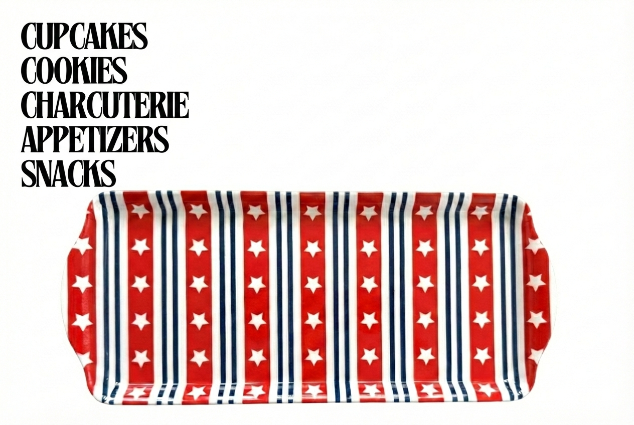 Patriotic Stars and Stripes Melamine Tray Reusable Party Platter for Snacks, Appetizers & Desserts