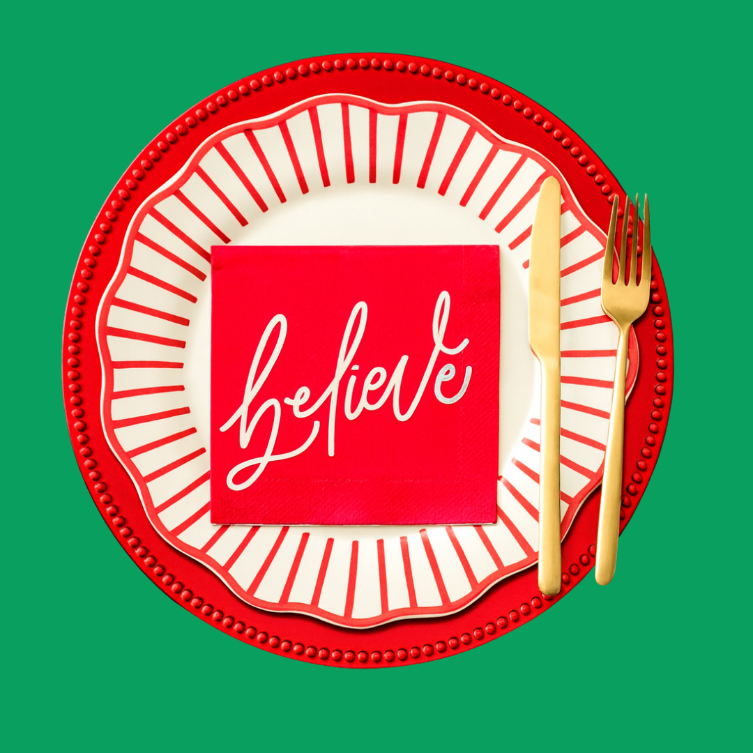 Red “Believe” Foil Christmas Cocktail Napkins – 20 Pack 3-Ply Holiday Party Beverage Napkins