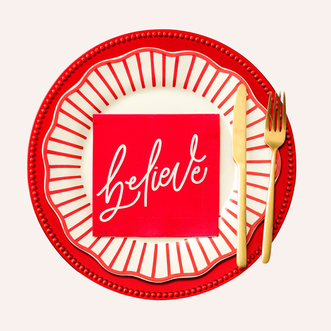 Red “Believe” Foil Christmas Cocktail Napkins – 20 Pack 3-Ply Holiday Party Beverage Napkins