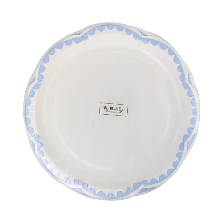 White Scallop Dessert Plates with Blue Trim – 8" Premium Paper Plates (8 Pack)