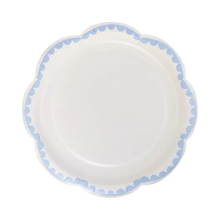 White Scallop Dessert Plates with Blue Trim – 8" Premium Paper Plates (8 Pack)