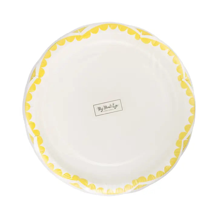 White Scallop Dessert Plate with Yellow Trim – 8" Party Plates (8 Pack)