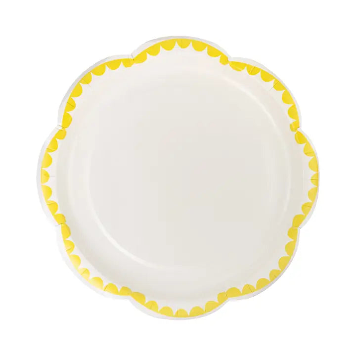 White Scallop Dessert Plate with Yellow Trim – 8" Party Plates (8 Pack)