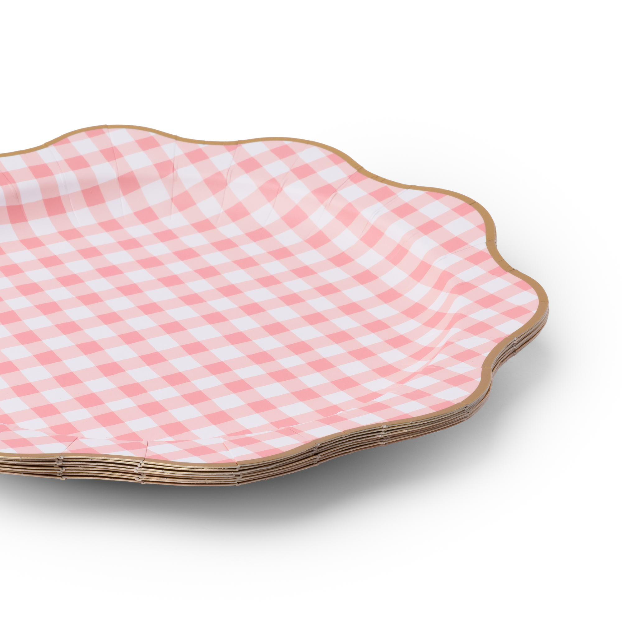 Elegant Pale Pink Gingham Party Plates – 8 Pack, Scalloped Gold Rim, 11" Dinner Size