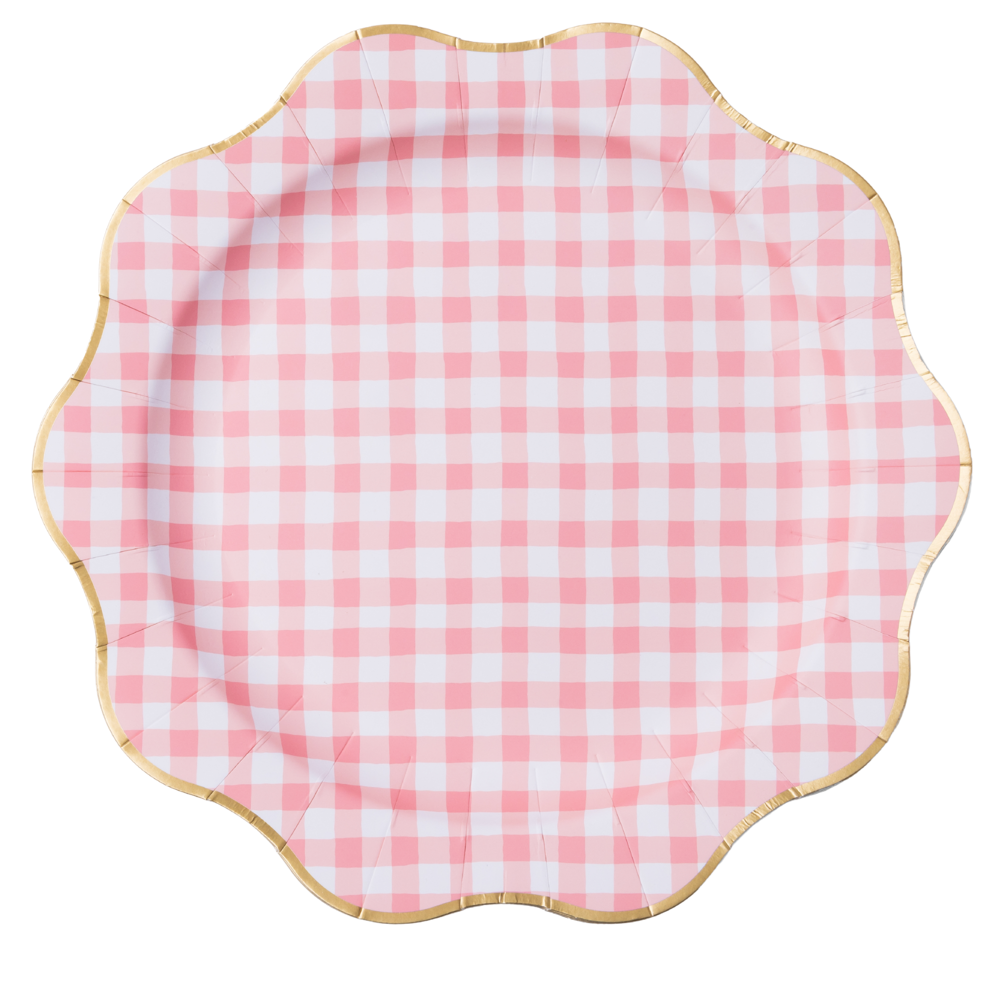 Elegant Pale Pink Gingham Party Plates – 8 Pack, Scalloped Gold Rim, 11" Dinner Size