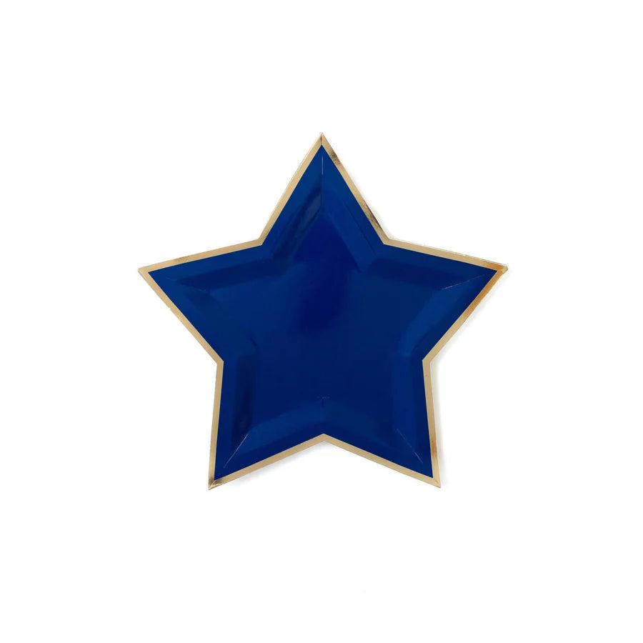 Blue Star Holiday Party Plates 9" Gold Foil Star-Shaped Disposable Plates for Festive Celebrations, 8-Pack