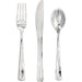 metallic silver fork, knife, and spoon set 