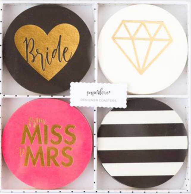 4 black coasters with gold heart and bride font, 4 white coasters with gold diamond, 4 pink coasters with "from miss to mrs" in pink font, and 4 black and white coaster for bridal party supplies