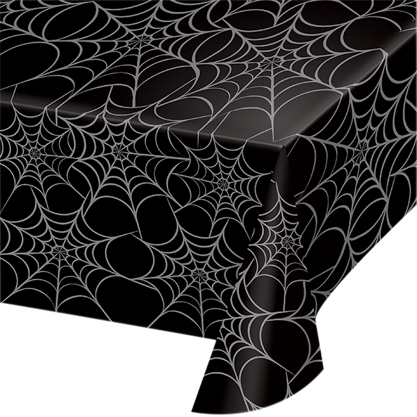 black plastic halloween table cloth with silver spider web all over print 