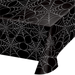 black plastic halloween table cloth with silver spider web all over print 