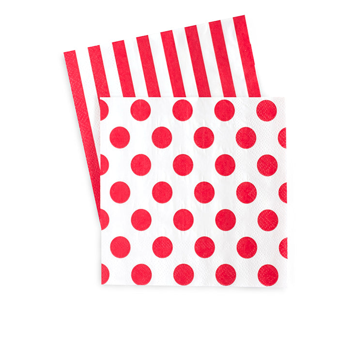 Paper Eskimo Red & White stripe beverage napkin with reverse side red polka dot
