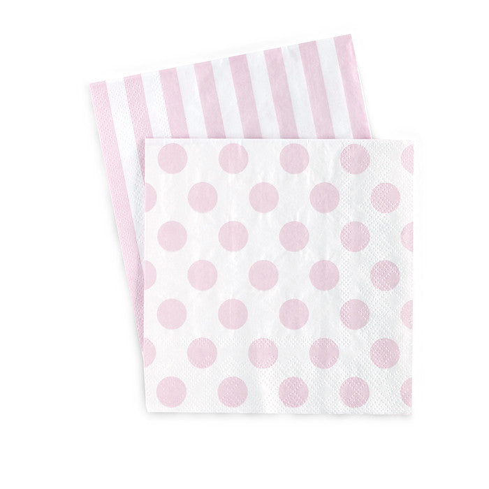 Paper Eskimo white and light pink cocktail napkins.   One side pink and white stripe one side pink and white polka dot.