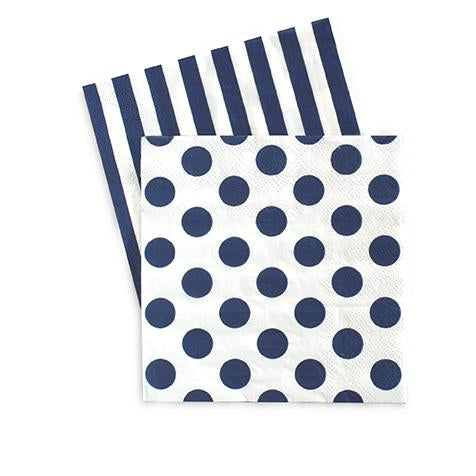 navy party napkin with blue dots on one side and blue stripes on the other side, perfect size to use with beverages or desserts