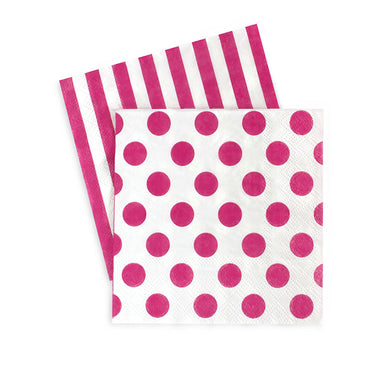 Paper Eskimo hot pink and white cocktail party napkin. One side pink and white stripe second side is white with pink polka dots