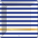 blue and white horizontal stripe square plate with one gold foil stripe at lower portion