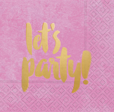 pink napkin with gold Let's Party! Font