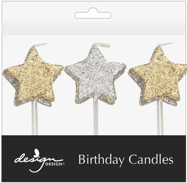 3 silver star candles on white picks and 3 gold star candles on white picks