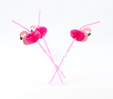 pink plastic straw with pop out pink flamingo 