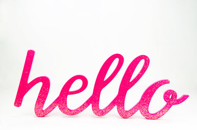 hot pink hello script sign with slight shimmer coating  | Party Supplies | Sprinkles and Confetti