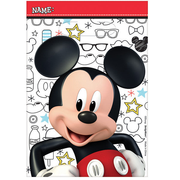 plastic favor bag featuring Mickey smiling across the bag and a background of fun playful mickey items