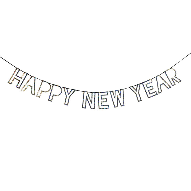 Happy New Year garland in silver sparkle letters  on black ribbon | party supplies  | sprinkles and confetti