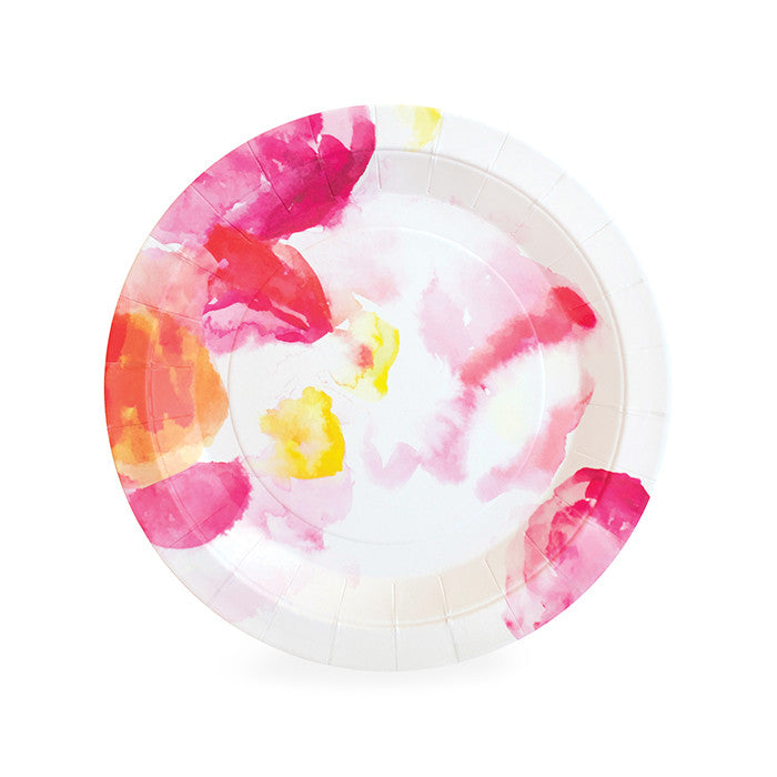 paper eskimo! Beautiful watercolor floral dessert plate in shades of pink with a slight pop of yellow and orange