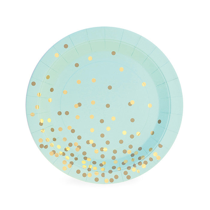 Mint dessert plates with gold confetti dot pattern 